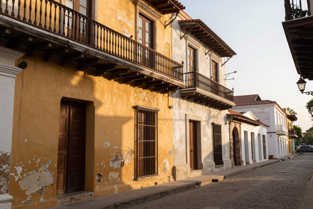 First Light Illuminating Colonial Balconies and Street Life in Cartagena Colombia in in Cartagena, Colombia