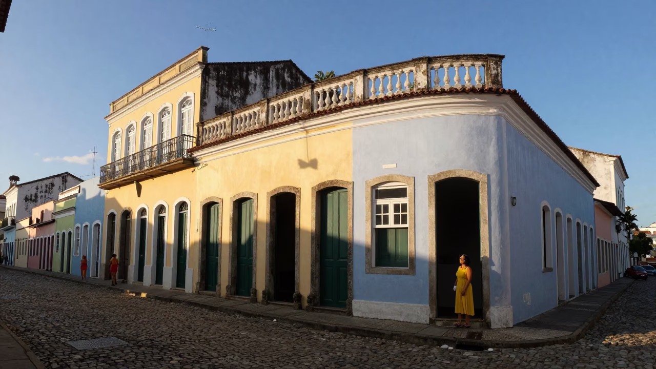First Light Illuminating Colonial Facades and Street Life in Salvador Brazil in in Salvador, Brazil