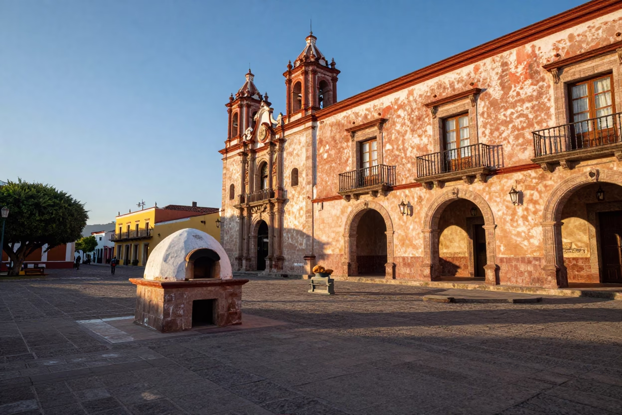 First Light Illuminating Colonial Merida Plaza with Traditional Bread Oven and Local Street Life in in Merida, Mexico