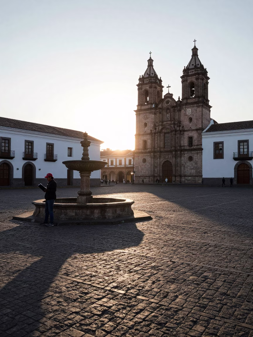 First Light Illuminating Colonial Quito Plaza with Clipboard and Houseplant in in Quito, Ecuador