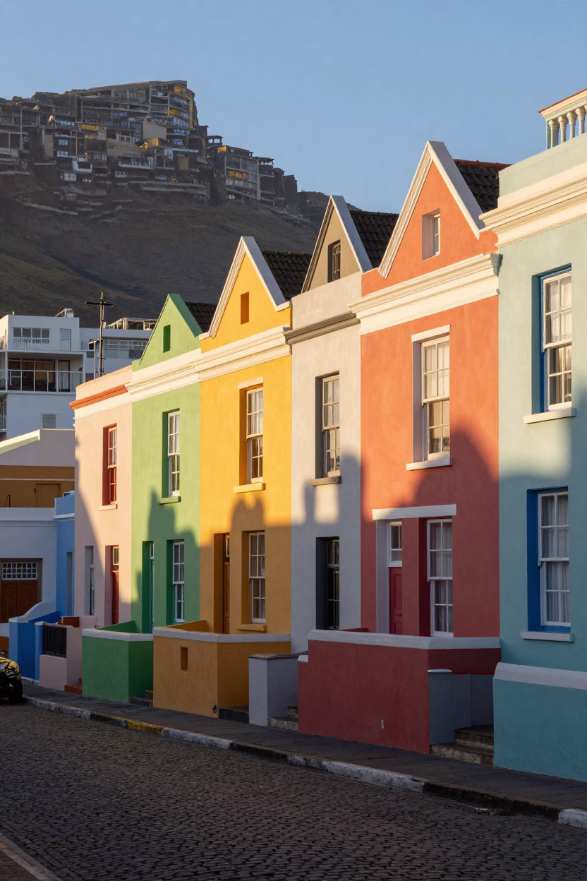 First Light Illuminating Colorful Cape Town Row Houses and Basil Leaves on Windowsill in in Cape Town, South Africa