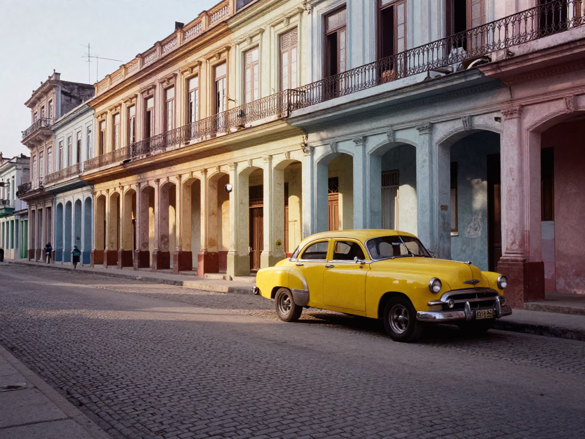 First Light Illuminating Colorful Havana Street Scene with Vintage Car and Local Life in in Havana, Cuba