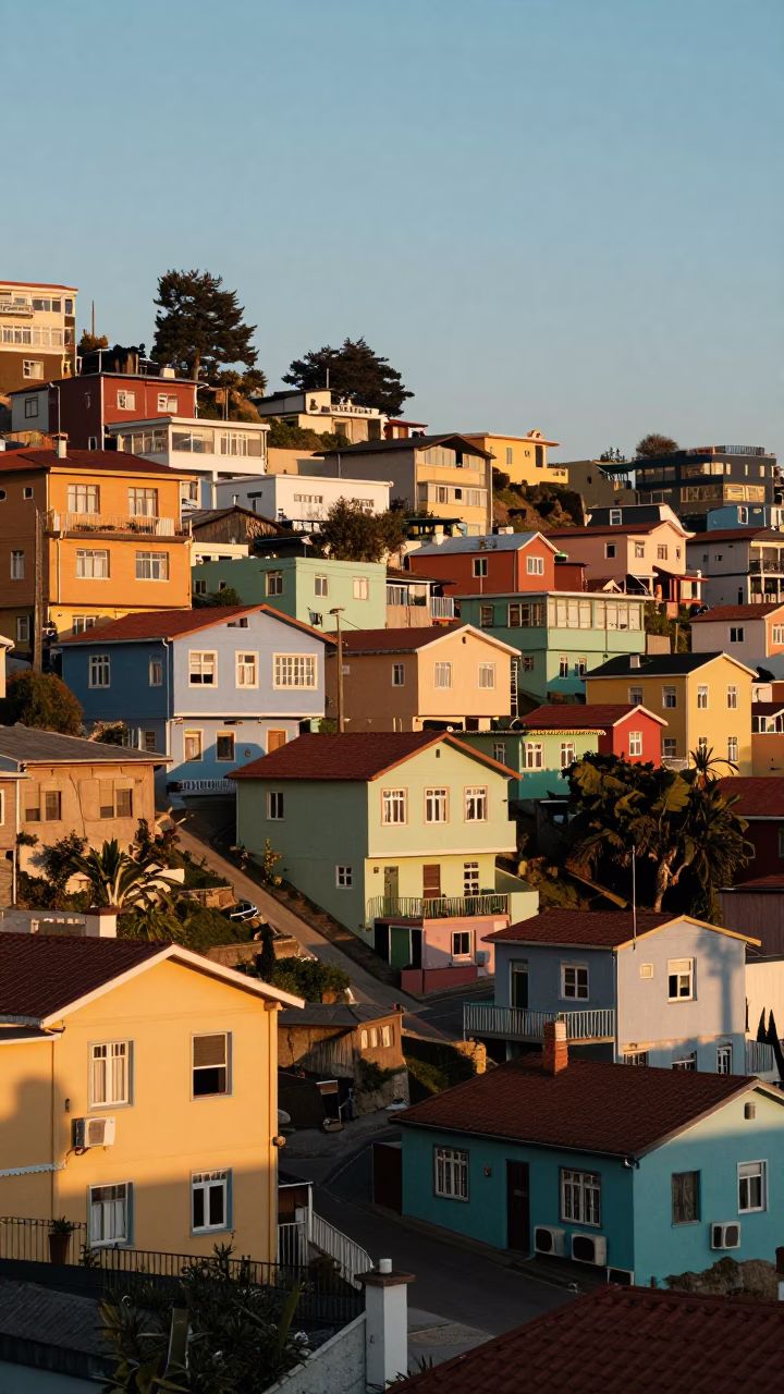 First Light Illuminating Colorful Hillside Houses and Vintage Elevators in Valparaiso Chile in in Valparaiso, Chile