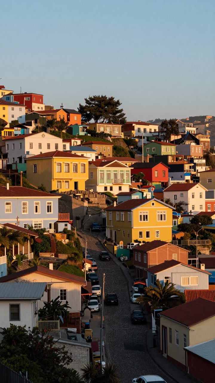 First Light Illuminating Colorful Hillside Streets and Vintage Architecture in Valparaiso Chile in in Valparaiso, Chile