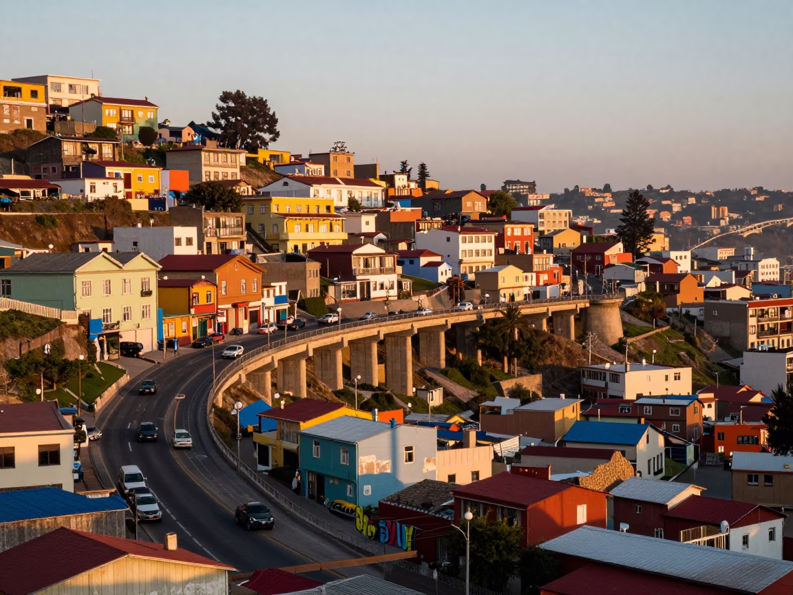 First Light Illuminating Colorful Hillside Streets of Valparaiso Chile with Concrete Viaduct in in Valparaiso, Chile
