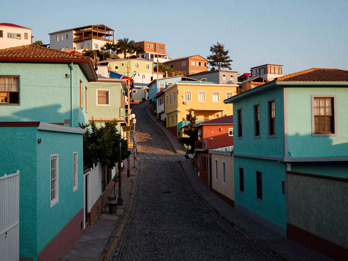 First Light Illuminating Colorful Steep Streets and Historic Architecture in Valparaiso Chile in in Valparaiso, Chile