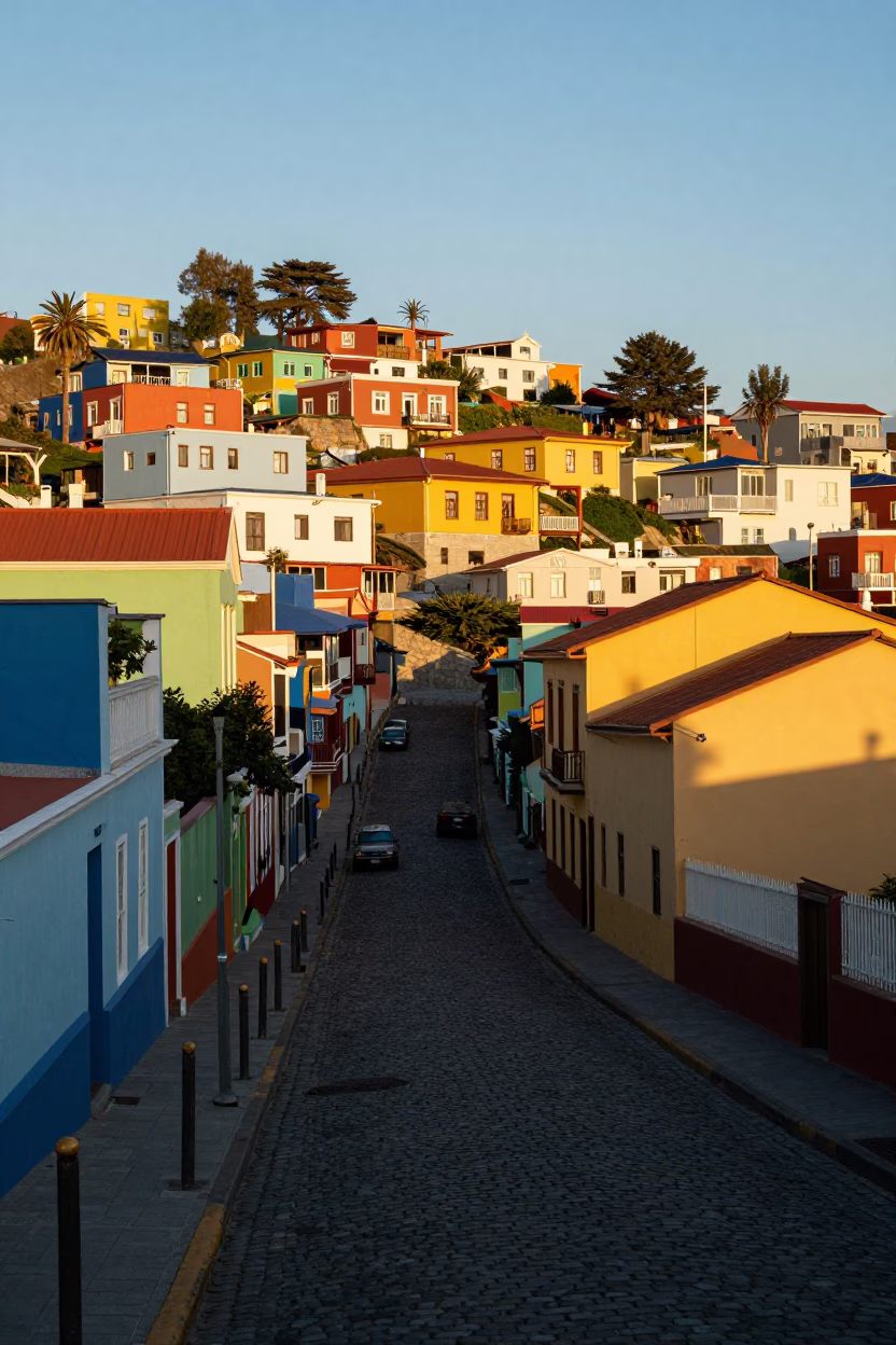 First Light Illuminating Colorful Valparaiso Chile Street Scene with British Shorthair Cat in in Valparaiso, Chile