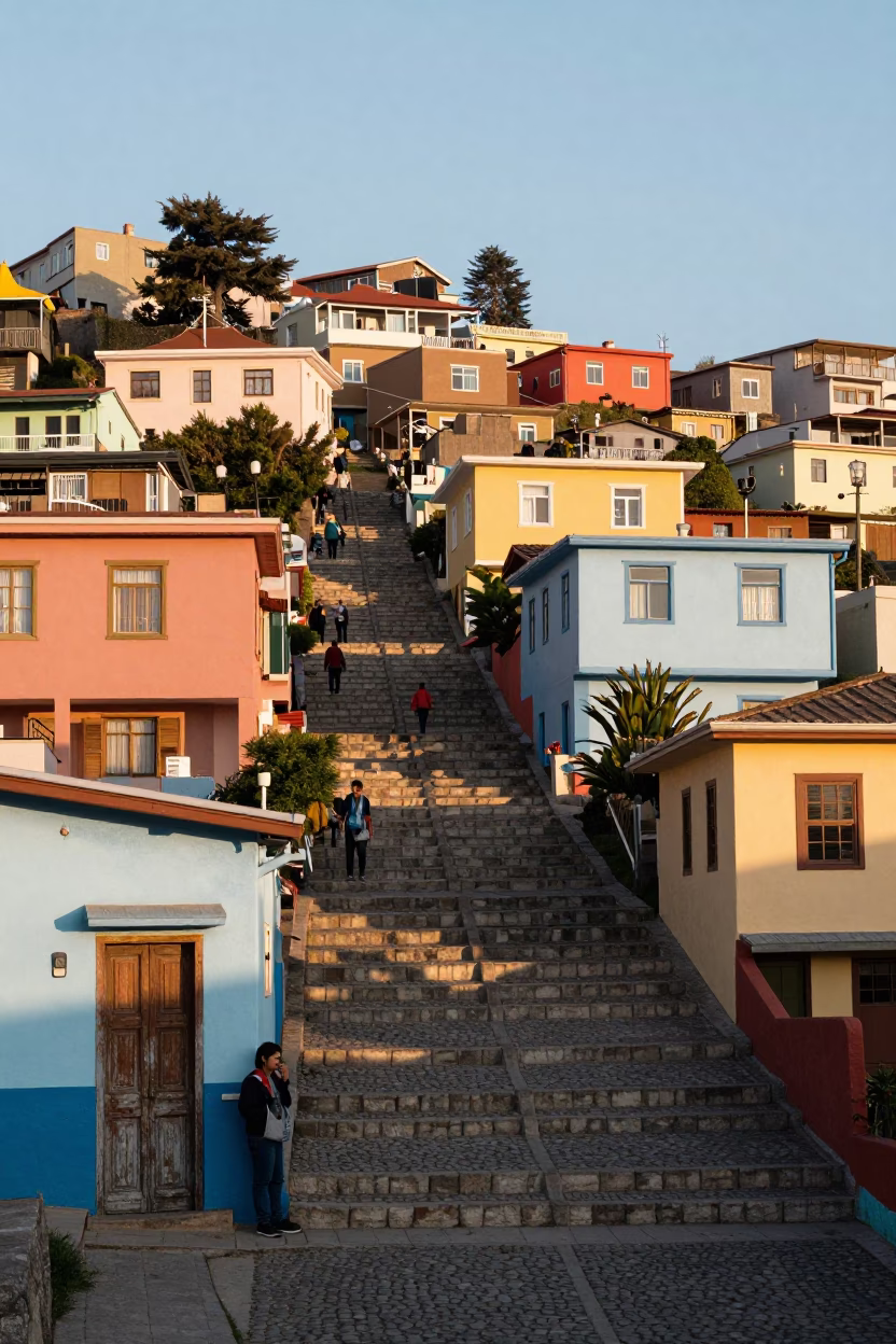 First Light Illuminating Colorful Valparaiso Hillside Staircase and Local Street Scene in in Valparaiso, Chile
