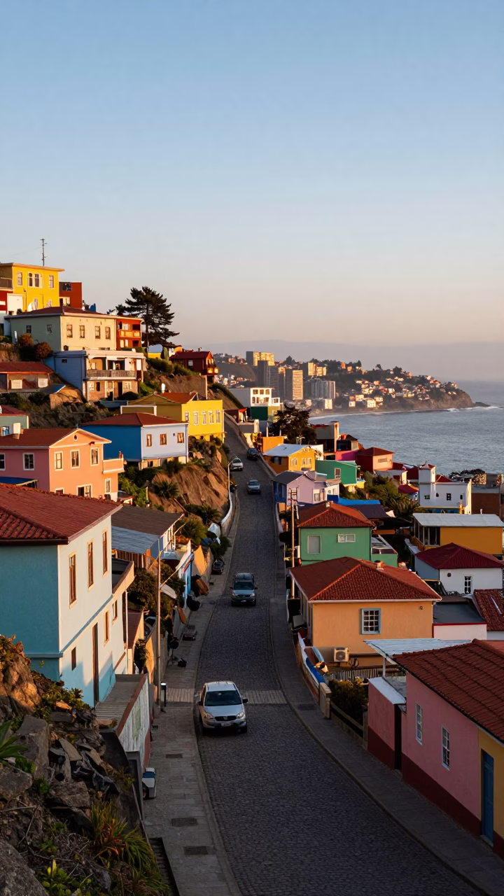 First Light Illuminating Colorful Valparaiso Hillside Streets and Coastal Fog at Dawn in in Valparaiso, Chile