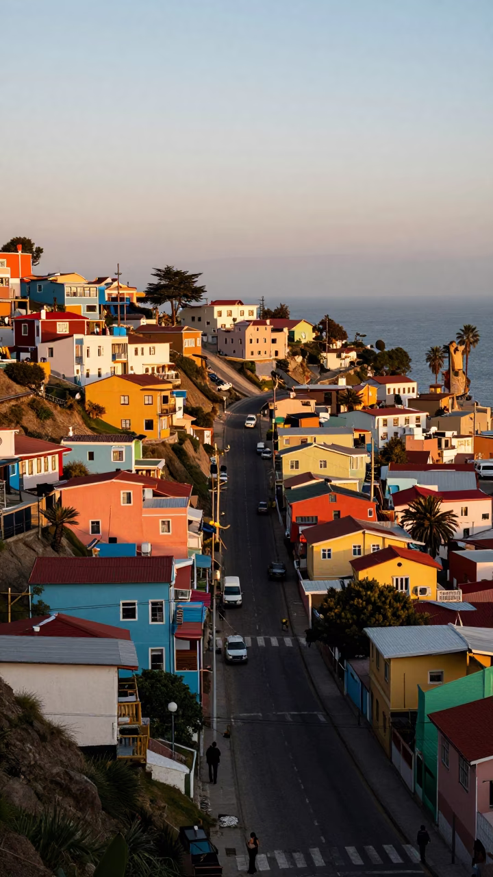 First Light Illuminating Colorful Valparaiso Steep Streets and Coastal Architecture in in Valparaiso, Chile