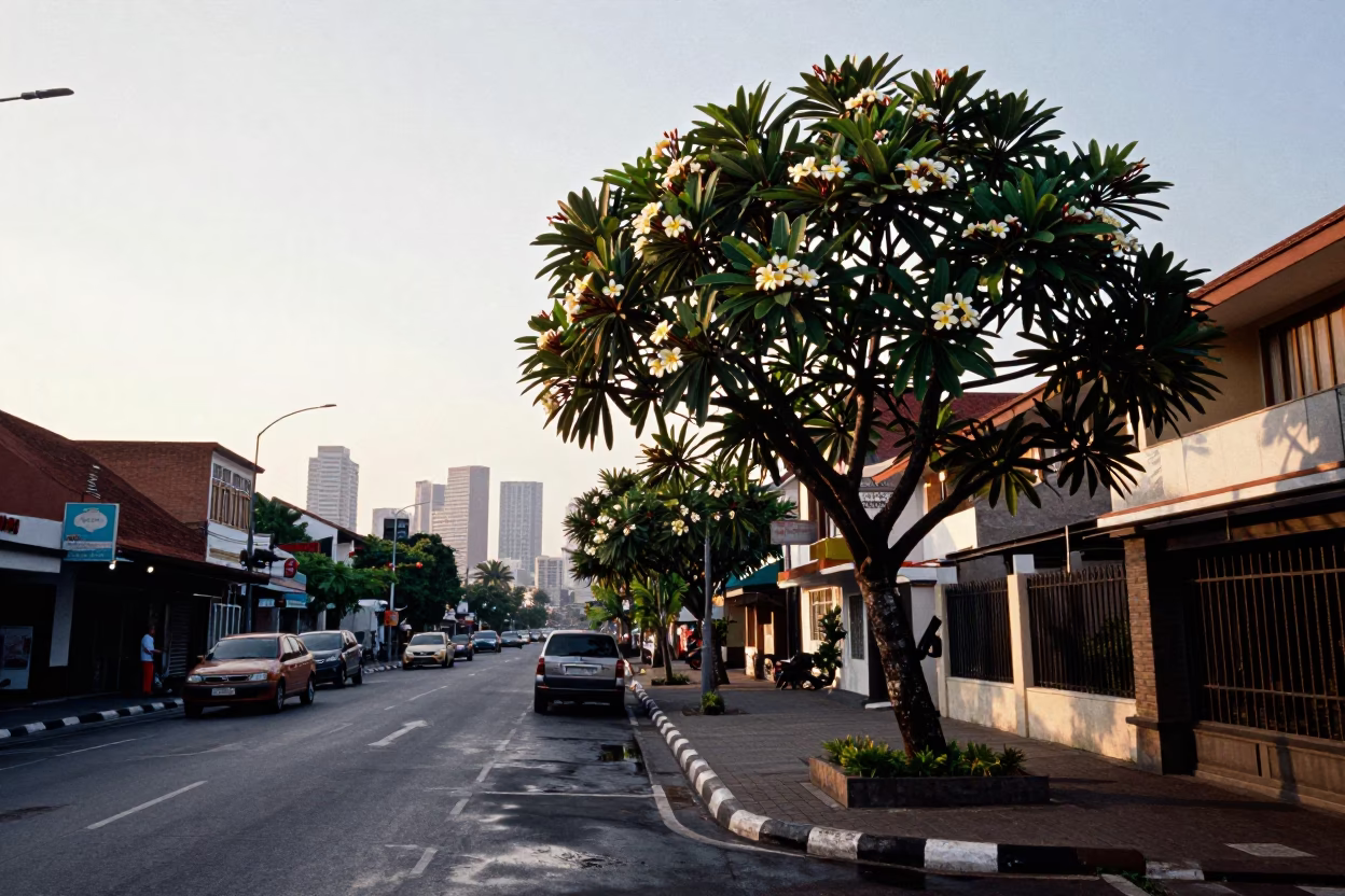 First light illuminating Denpasar Indonesia street scene with frangipani tree and hand broom in in Denpasar, Indonesia