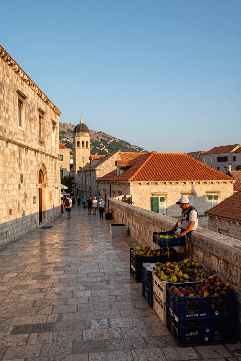 First Light Illuminating Dubrovnik Croatia Old Town Stone Walls and Busy Morning Street Scene in in Dubrovnik, Croatia