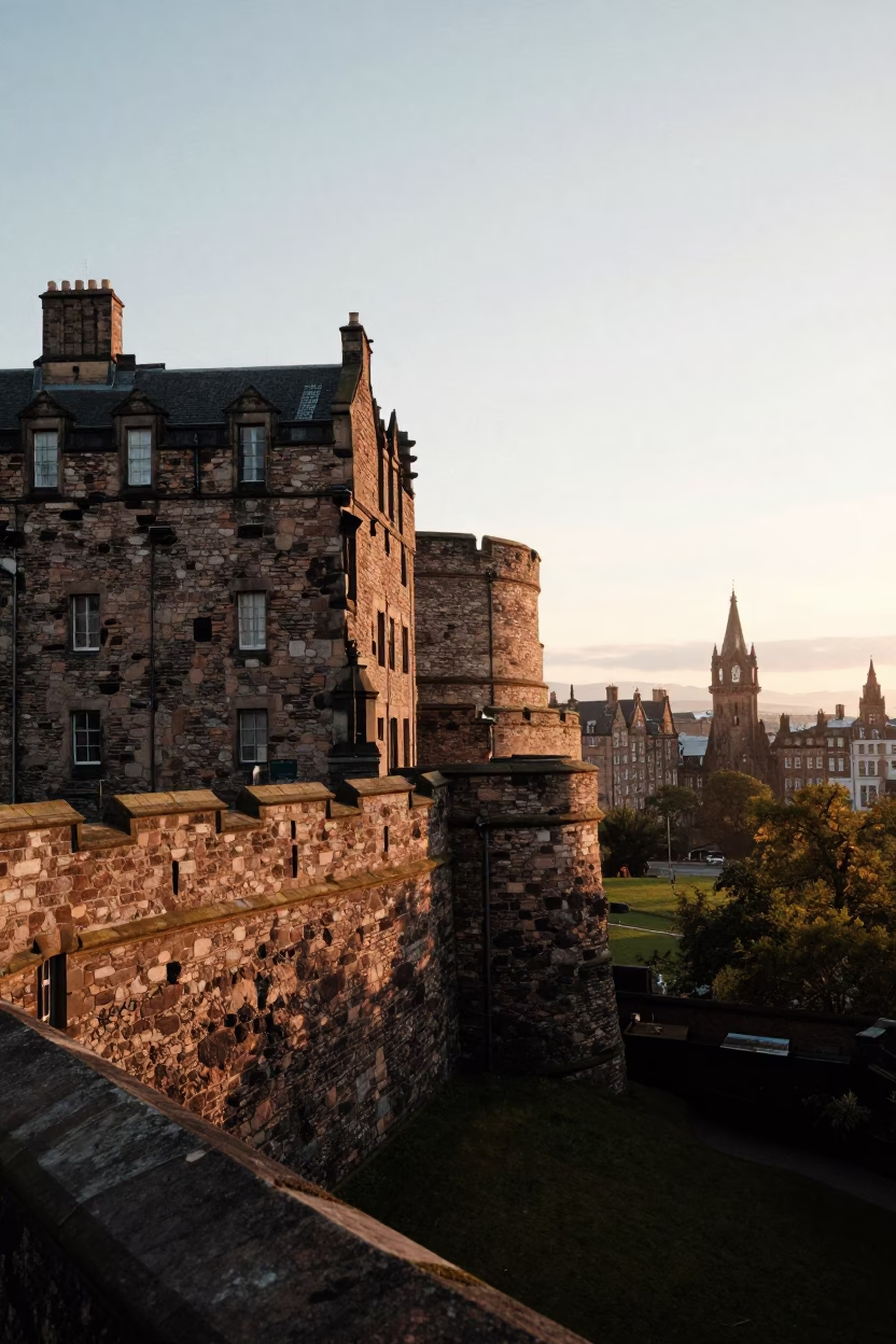 First Light Illuminating Edinburgh Castle Stone Walls with Distant City Skyline and Morning Mist in in Edinburgh, United Kingdom
