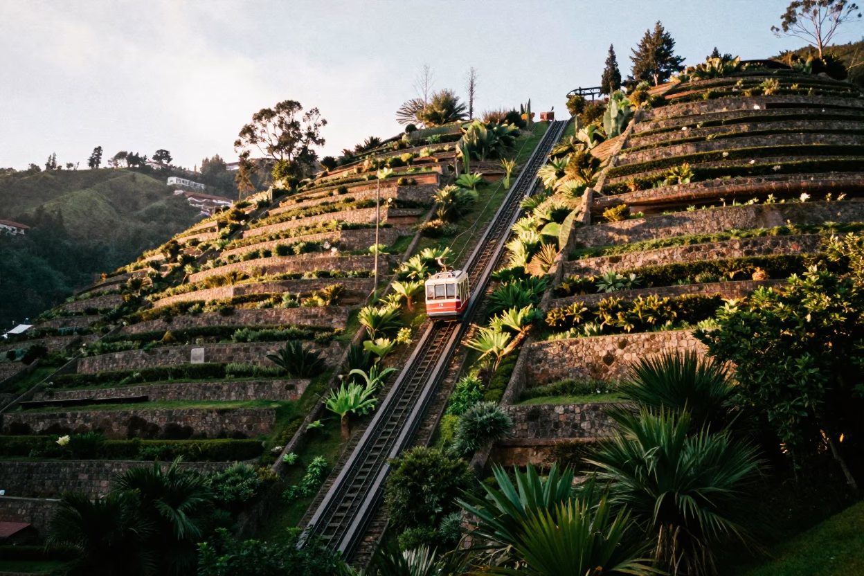 First Light Illuminating Funicular Railway Amid Steep Terraced Gardens in Historic Quito Ecuador in in Quito, Ecuador