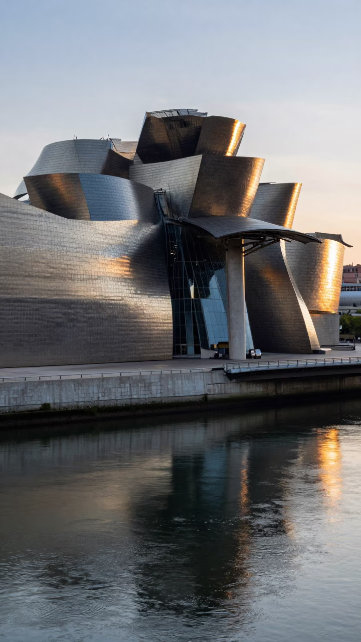 First Light Illuminating Guggenheim Bilbao and Nervion River Bridge with Traditional Basque Street Scene in in Bilbao, Spain