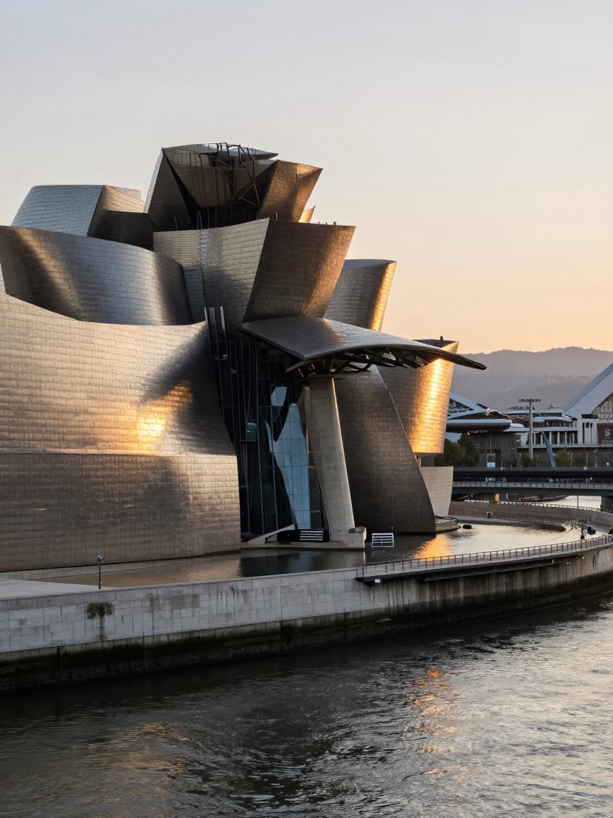 First Light Illuminating Guggenheim Bilbao Museum and Nervion River Embankment in Spain in in Bilbao, Spain