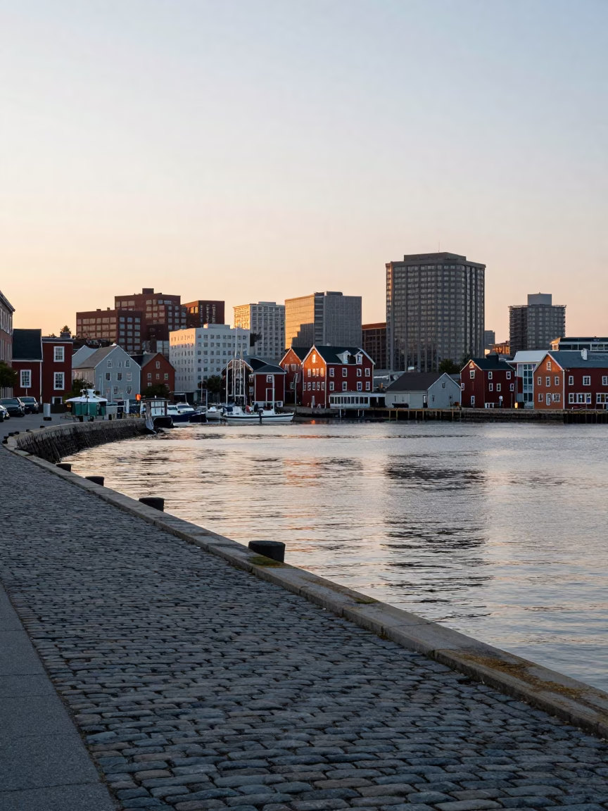 First Light Illuminating Halifax Waterfront Seaport District with Historic Architecture and Harbor Activity in in Halifax, Nova Scotia, Canada