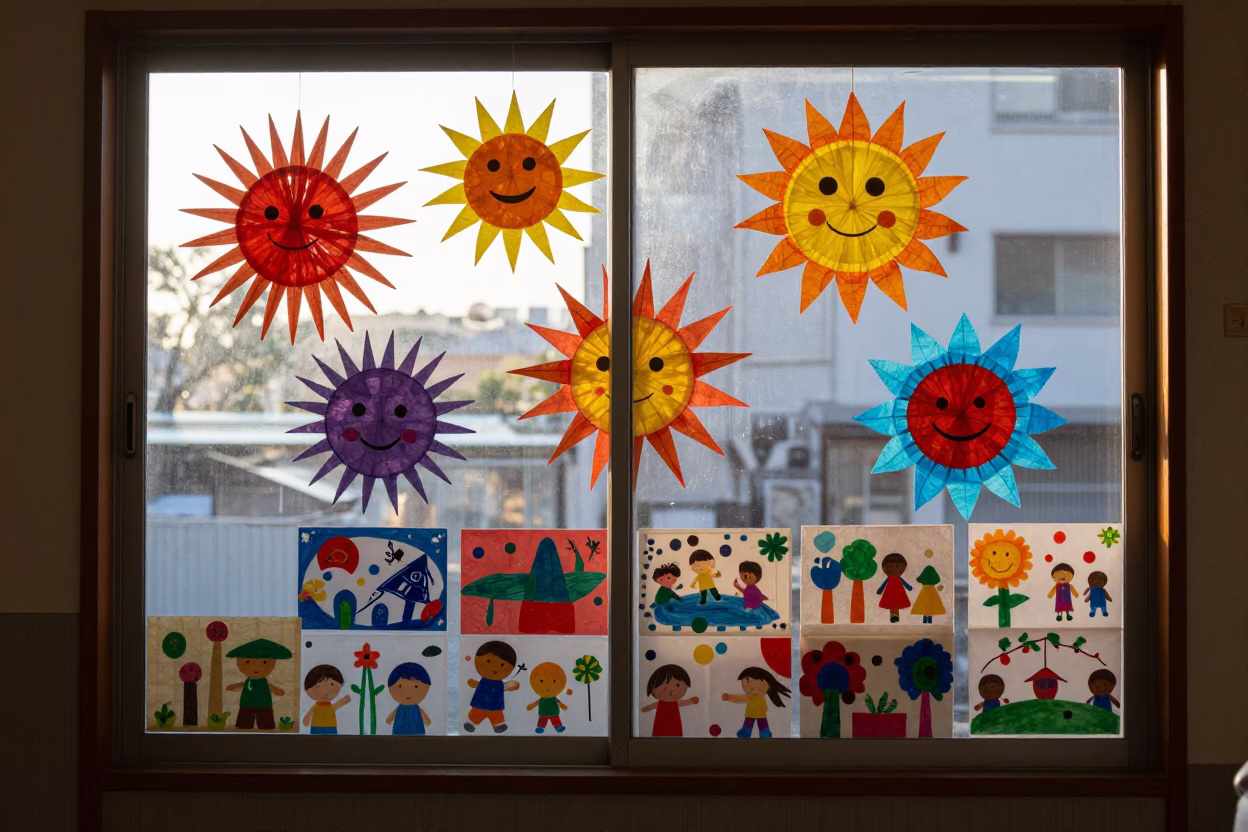 First light illuminating handmade tissue paper suns in a Tokyo preschool window in in Tokyo, Japan