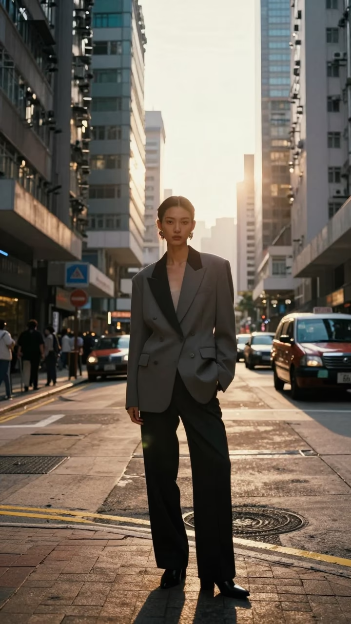 First Light Illuminating High Fashion Model in Hong Kong Street Scene with Urban Architecture in in Hong Kong, Hong Kong