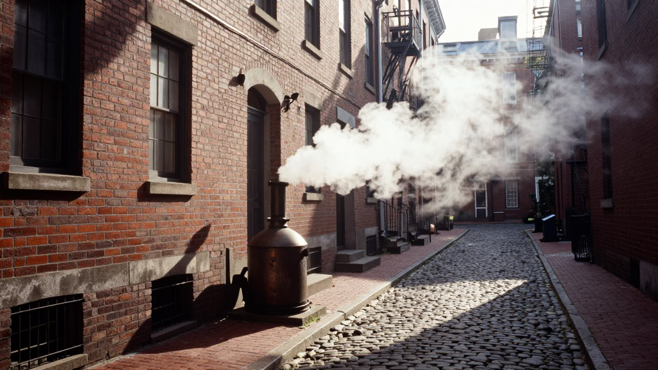 First Light Illuminating Historic Boston Brick Alleyway with Steam and Urban Morning Activity in in Boston, Massachusetts, United States