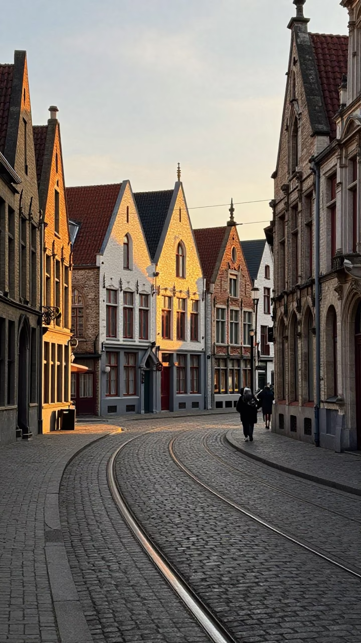 First Light Illuminating Historic Cobblestone Street and Traditional Architecture in Brussels Belgium in in Brussels, Belgium