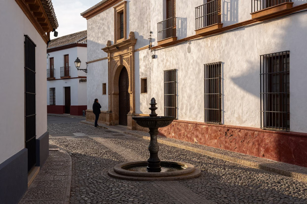 First Light Illuminating Historic Granada Spain Street Scene with Watering Bottle in in Granada, Spain