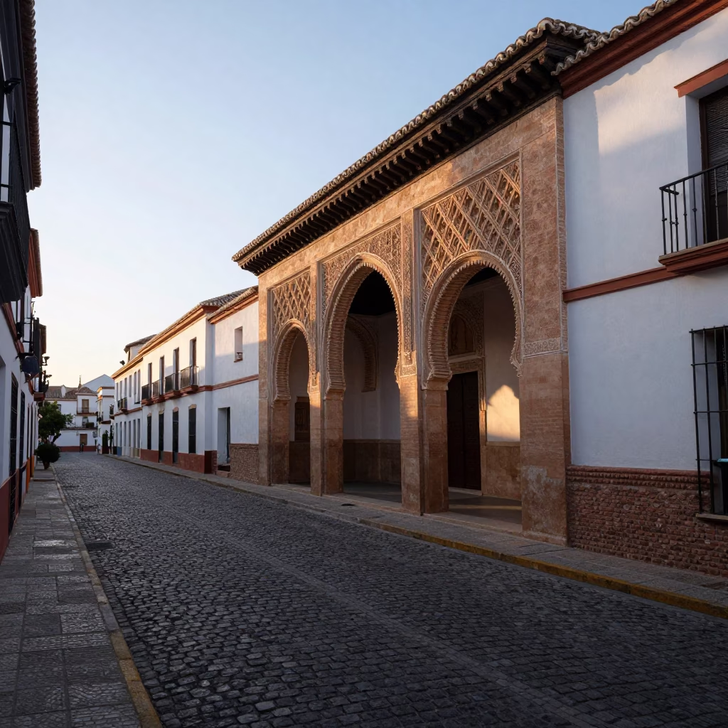 First light illuminating historic Granada Spain street with traditional architecture and morning commuters in in Granada, Spain