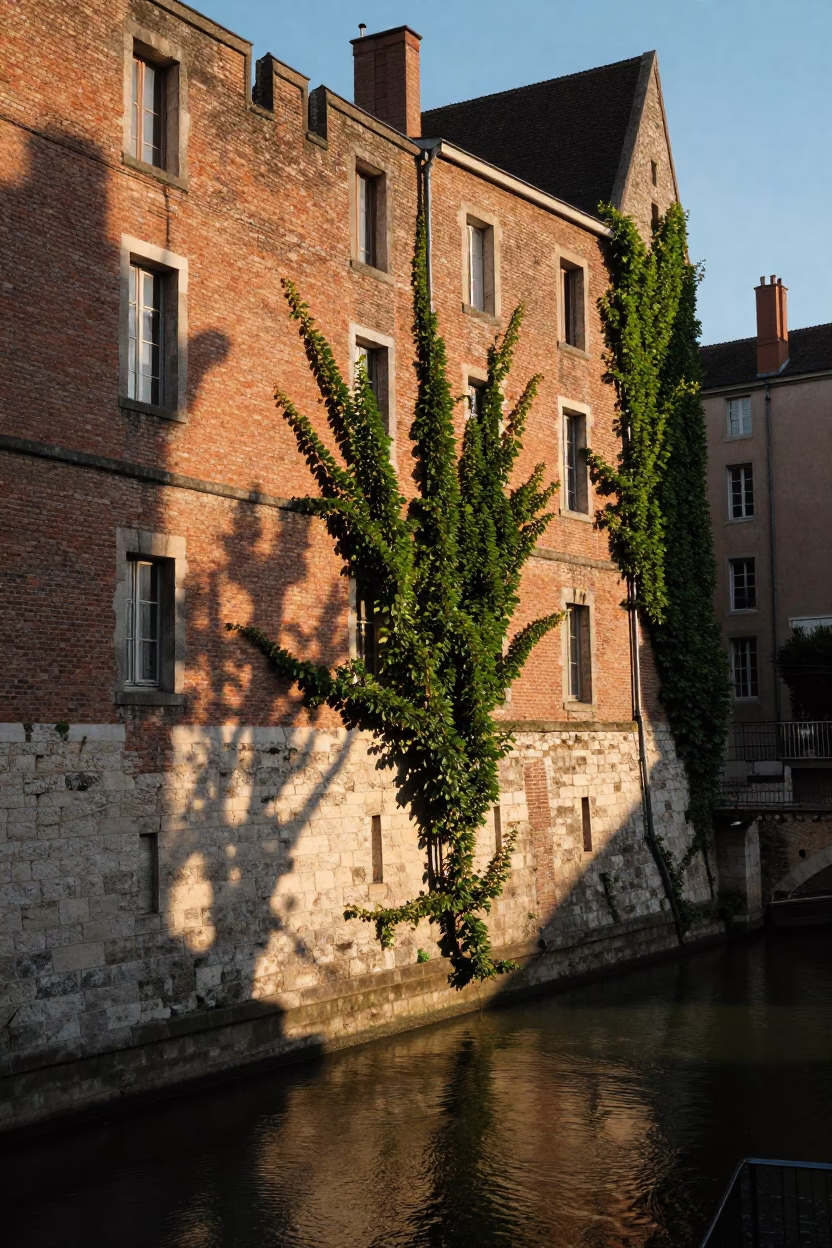 First Light Illuminating Historic Lyon France Brick Walls and Canal Scene in in Lyon, France