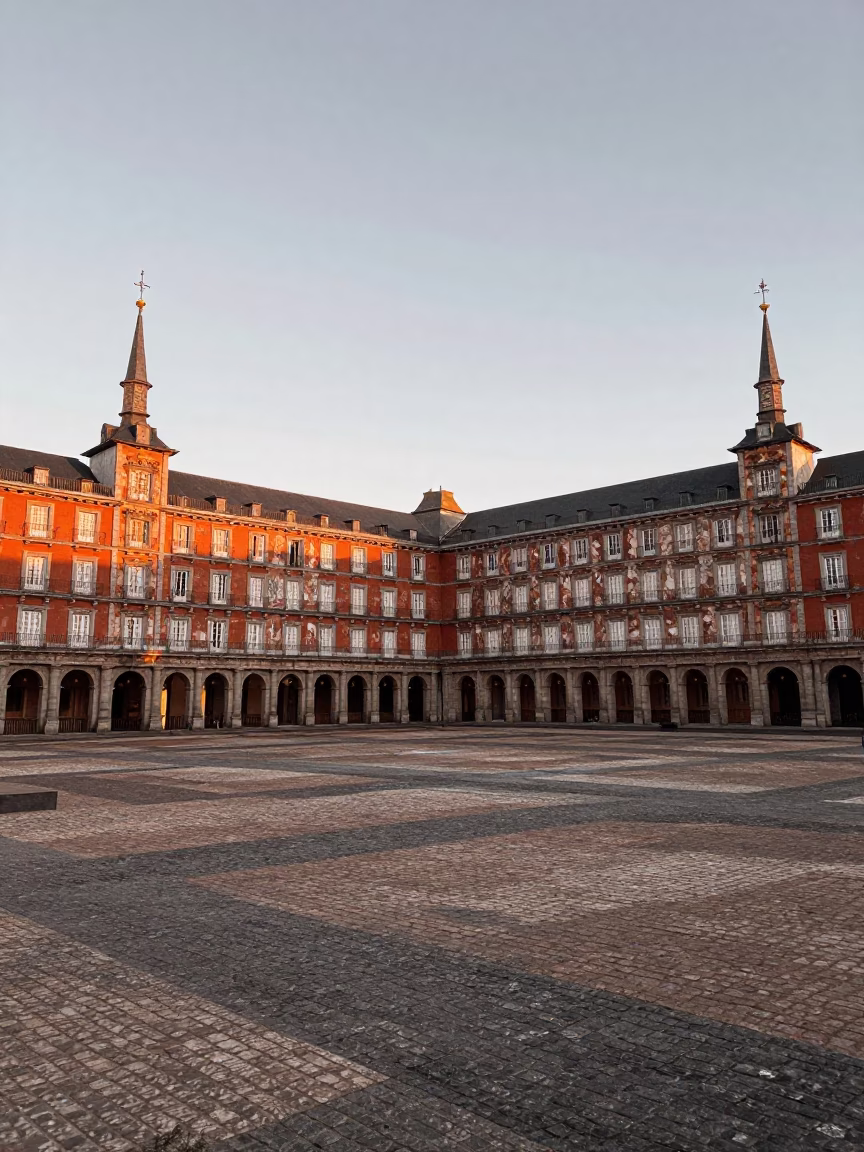First light illuminating historic Madrid plaza with traditional architecture and morning activity in in Madrid, Spain