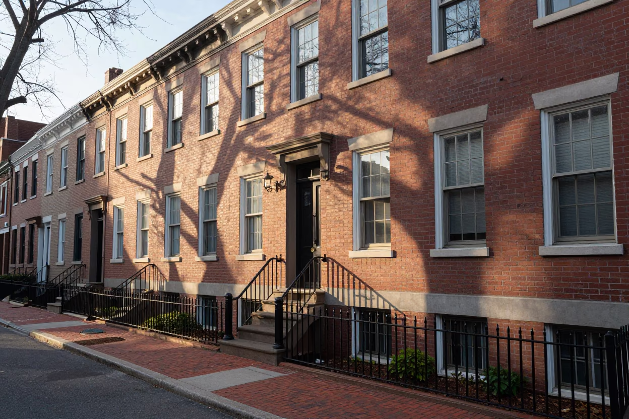 First Light Illuminating Historic Philadelphia Row Homes and Street Scene in in Philadelphia, Pennsylvania, United States