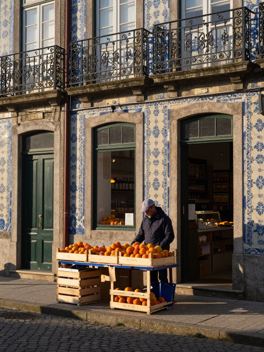 First light illuminating historic Porto streets with local vendors and traditional architecture in in Porto, Portugal