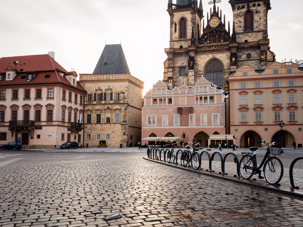 First light illuminating historic Prague architecture and street scene in in Prague, Czech Republic