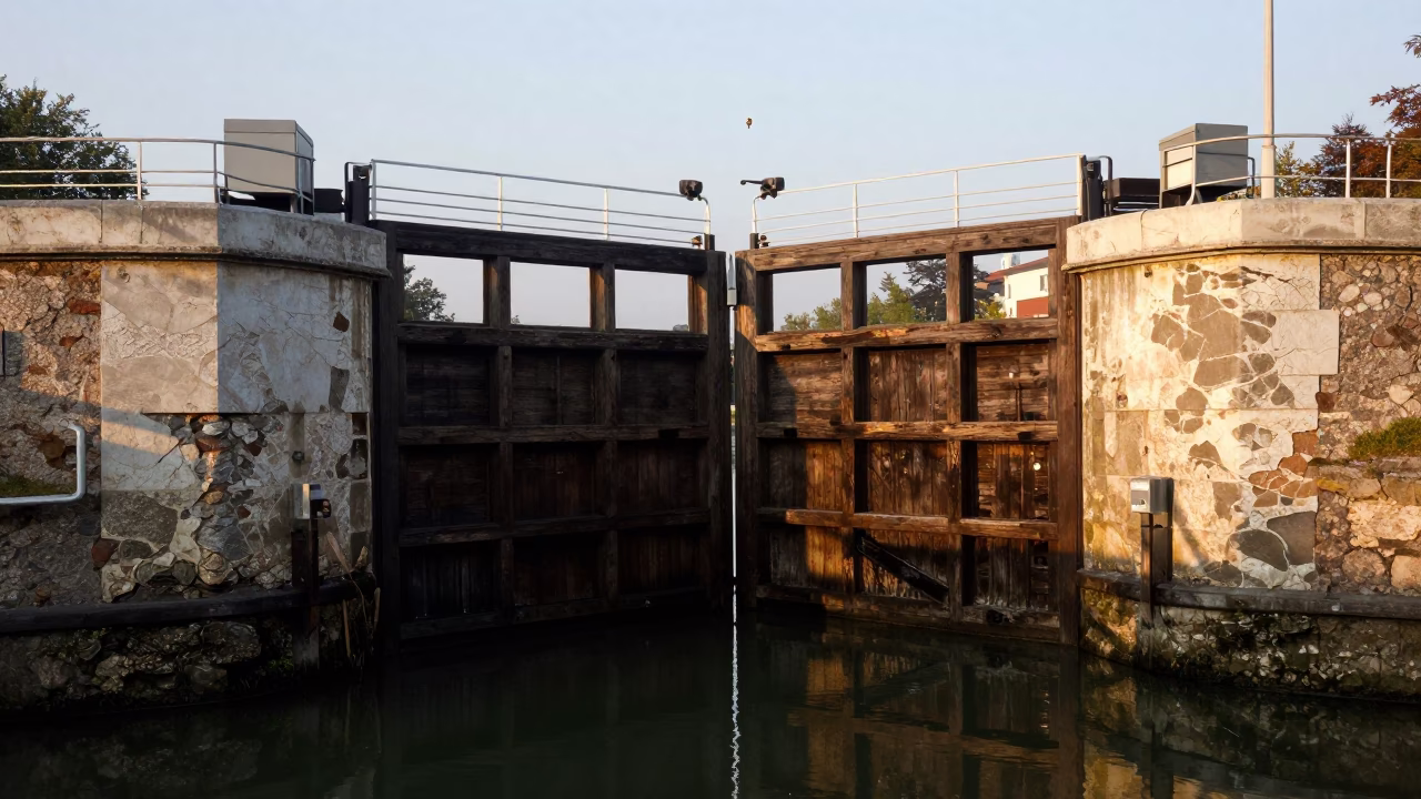 First Light Illuminating Historic Vienna Canal Lock and Timber Gates in in Vienna, Austria