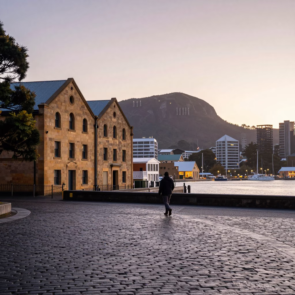 First Light Illuminating Hobart Harbor and Mount Wellington from Salamanca Place in in Hobart, Tasmania, Australia