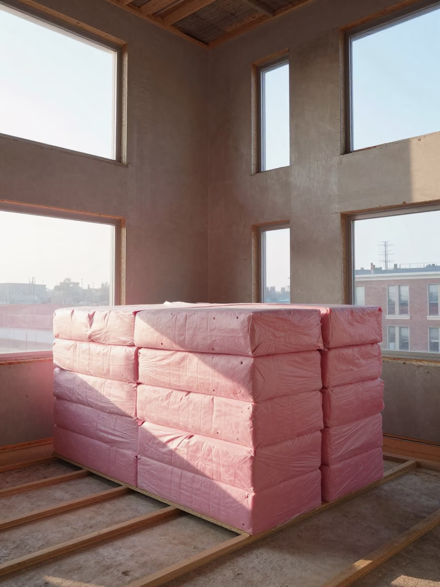 First Light Illuminating Insulation Stack in Half-Finished Philadelphia Commercial Interior in in Philadelphia, Pennsylvania, United States
