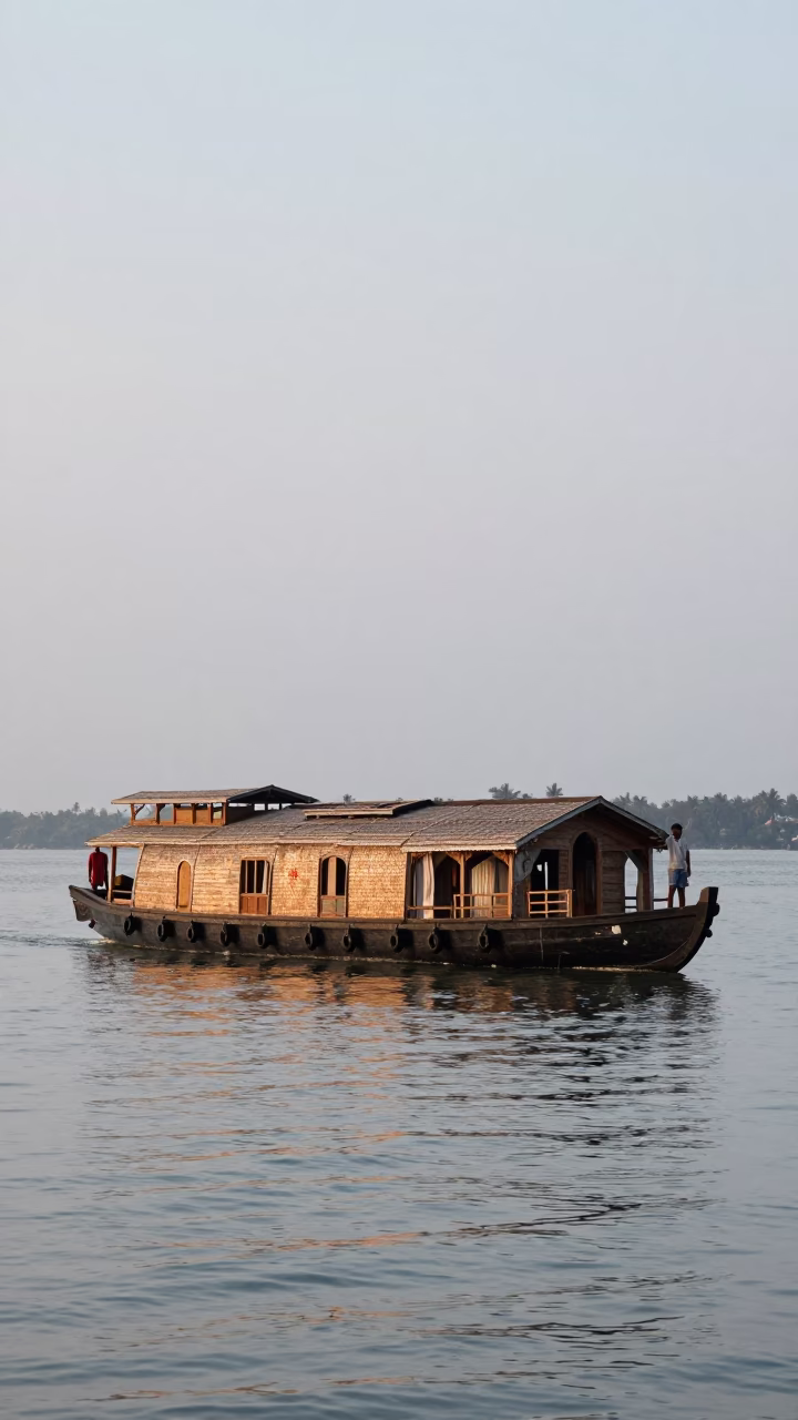 First Light Illuminating Kochi Backwater Houseboat and Wooden Decks in in Kochi, India