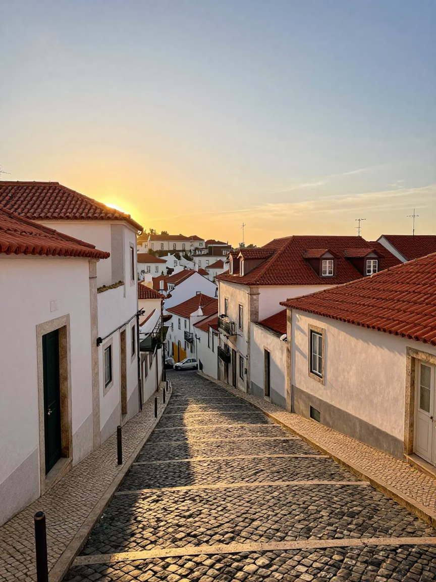 First Light Illuminating Lisbon Alfama Cobblestones and Traditional Clay Roof Tiles in in Lisbon, Portugal