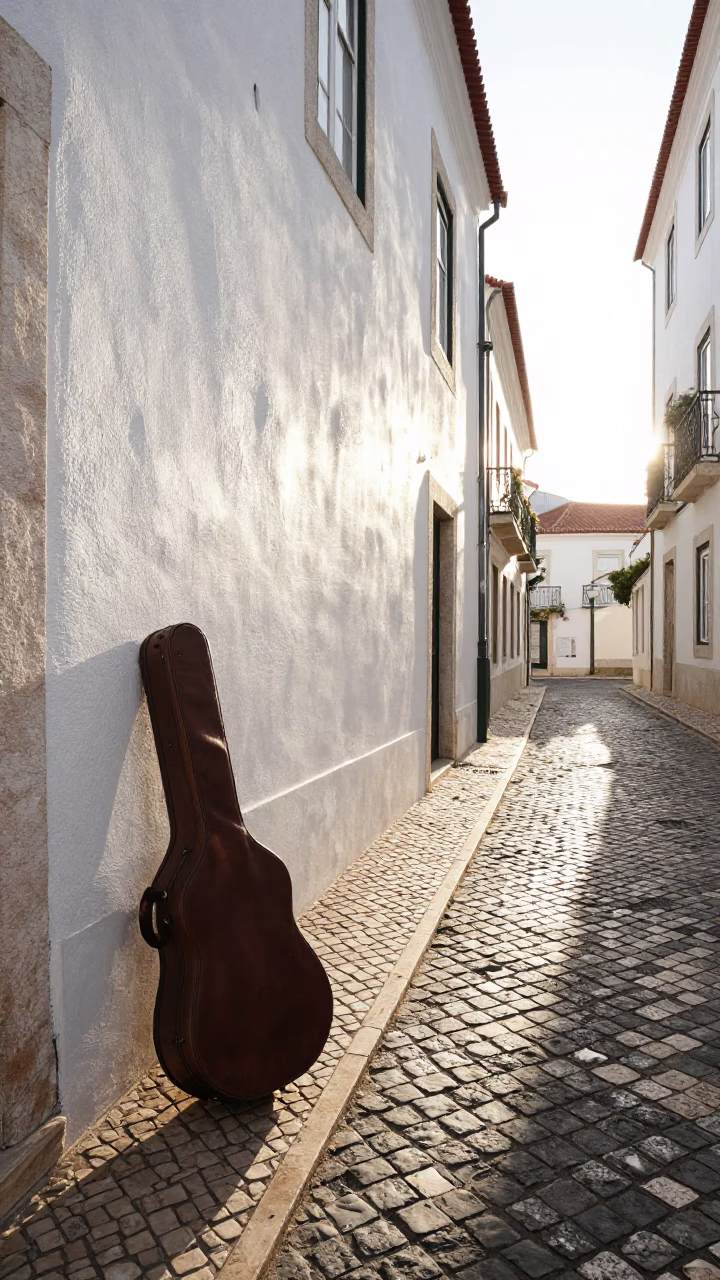 First Light Illuminating Lisbon Alfama Street with Guitar Case and Terracotta Pots in in Lisbon, Portugal