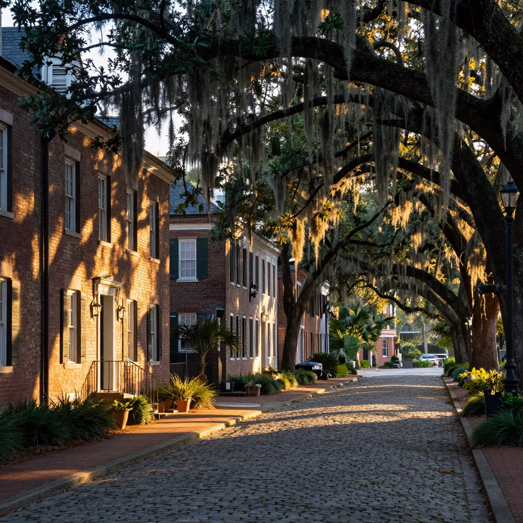 First Light Illuminating Live Oaks and Spanish Moss Along Charleston South Carolina Cobblestone Street in in Charleston, South Carolina, United States