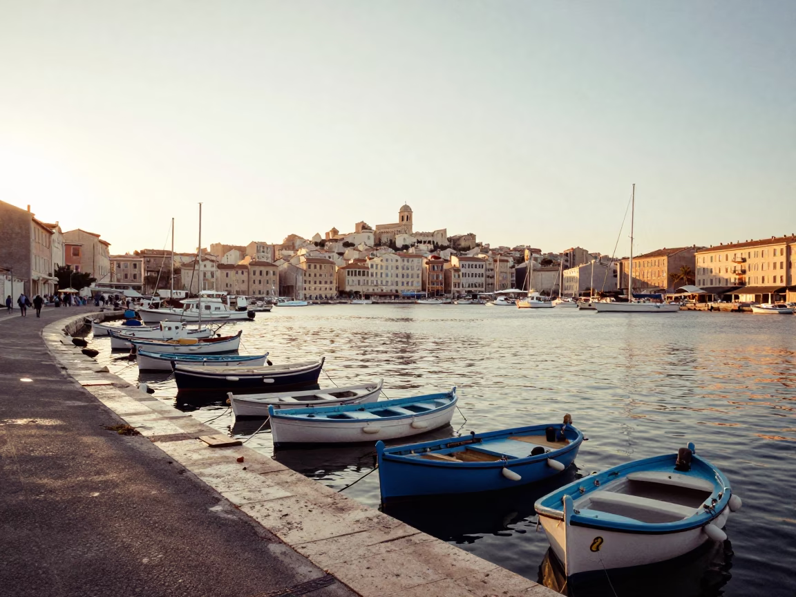 First Light Illuminating Marseille Vieux Port Fishing Boats and Harbor Crane Infrastructure in in Marseille, France