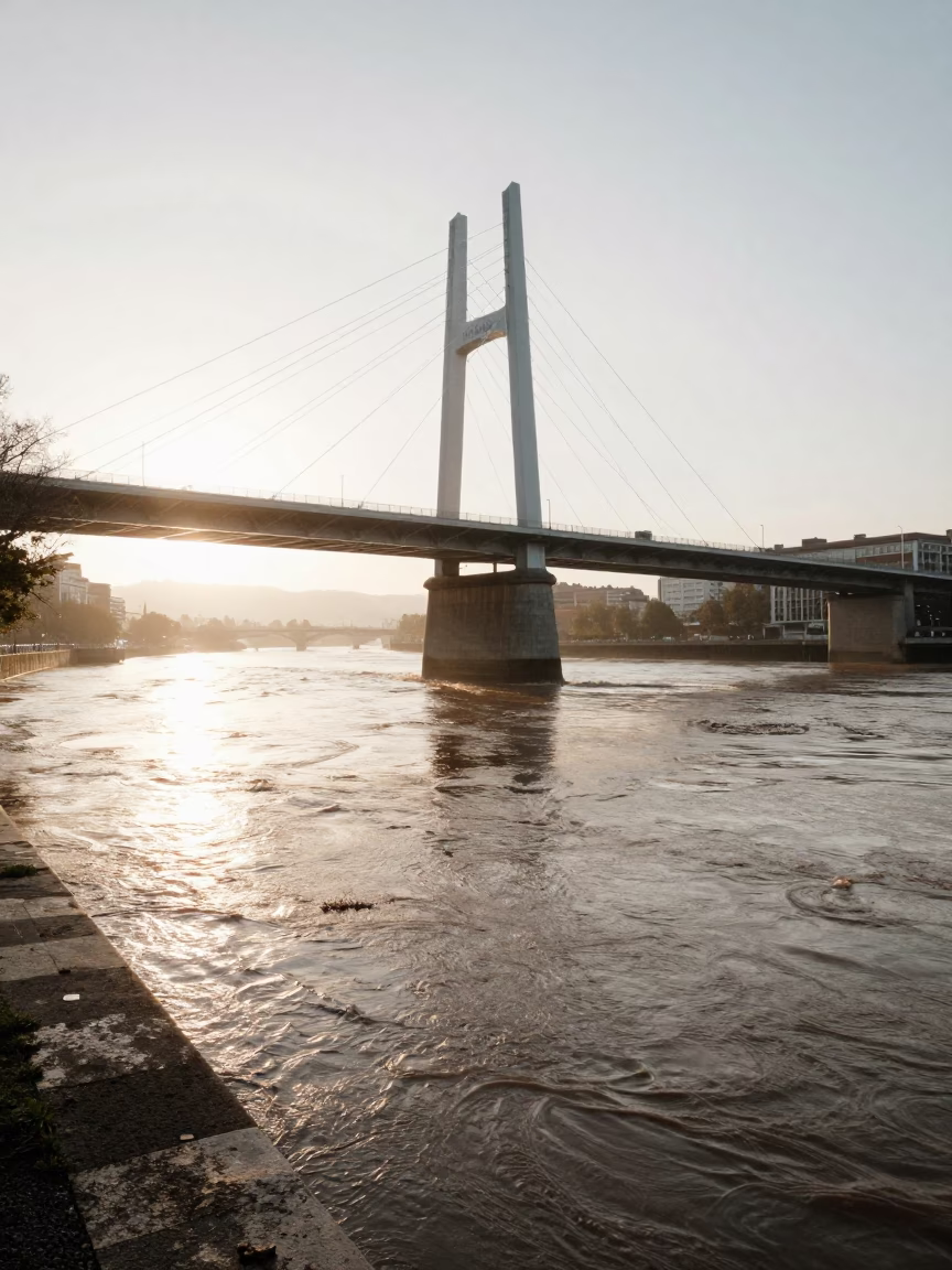 First Light Illuminating Muddy Floodwater Swirling Around Bridge Pier Base in Bilbao Spain in in Bilbao, Spain