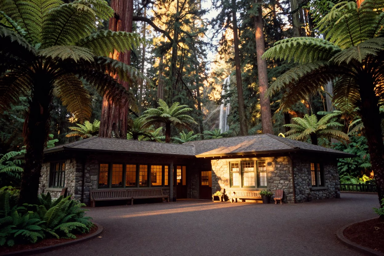 First Light Illuminating Multnomah Falls Visitor Center Plaza and Rainforest Foliage in Portland Oregon in in Portland, Oregon, United States