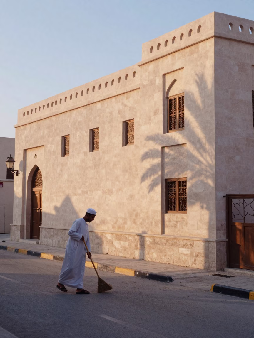 First Light Illuminating Muscat Oman Street Scene with Traditional Architecture and Daily Life in in Muscat, Oman