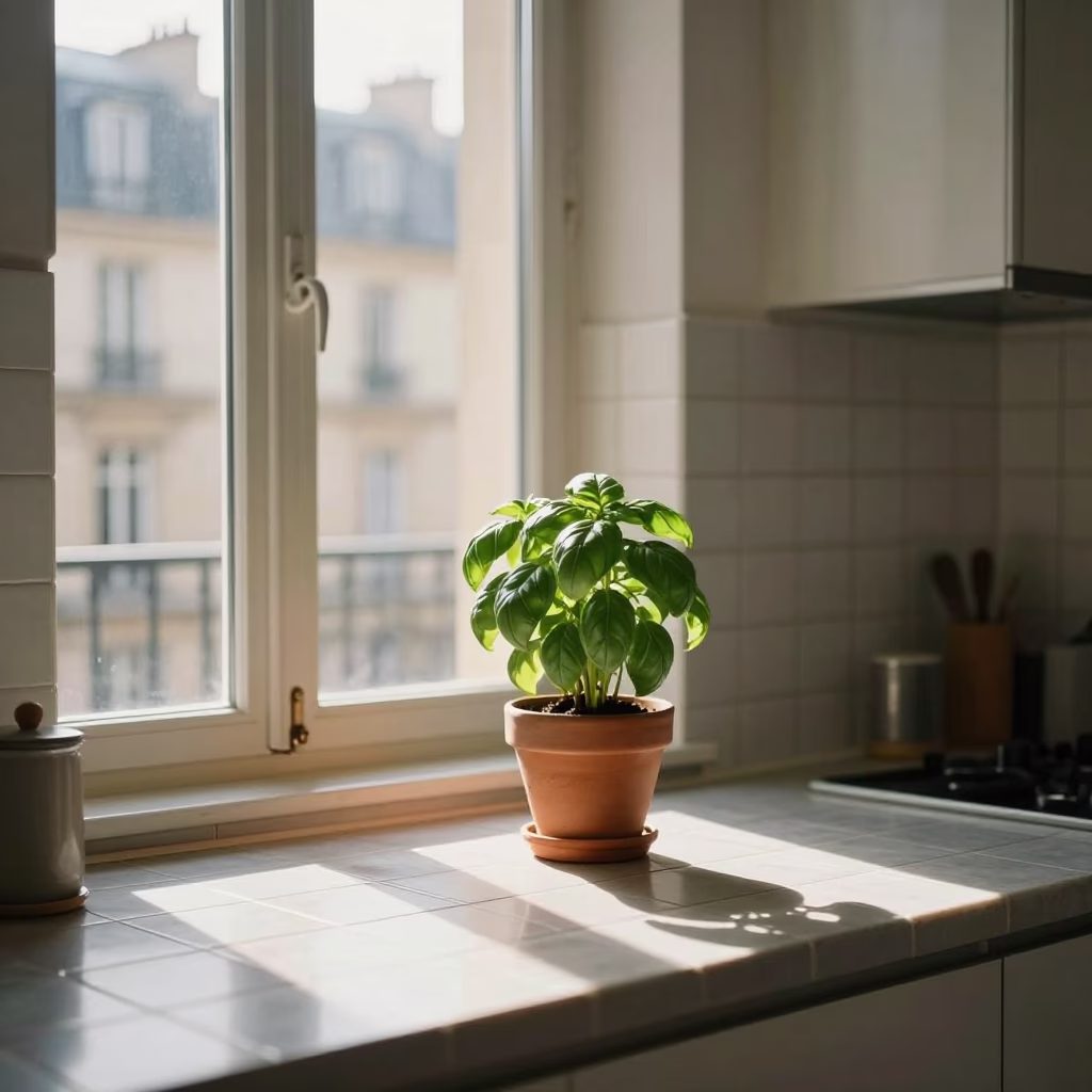 First Light Illuminating Parisian Apartment Kitchen with Basil Pot and Brass Fixtures in in Paris, France