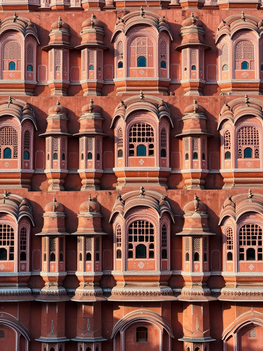First Light Illuminating Pink Sandstone Facade and Intricate Jaipur Street Details in in Jaipur, India