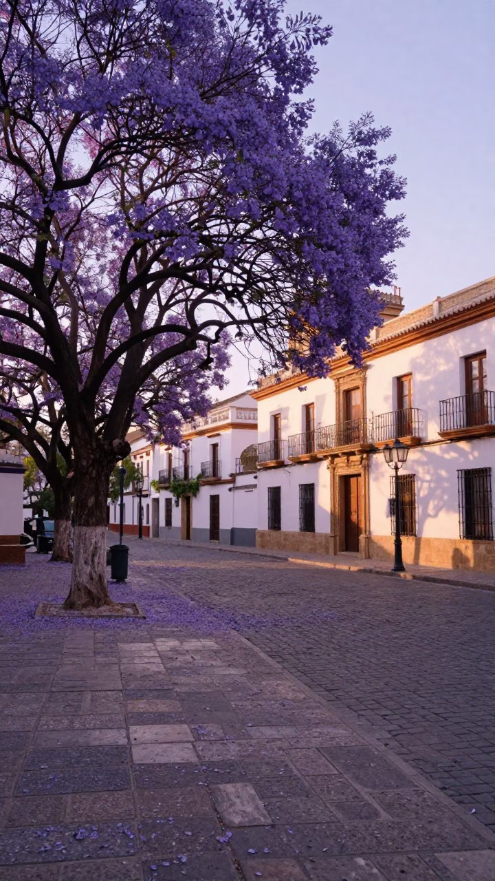 First Light Illuminating Purple Jacaranda Blooms Over Historic Granada Street Corner in Spain in in Granada, Spain