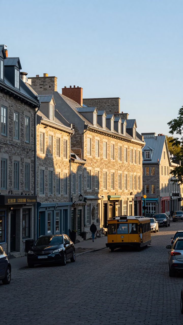 First Light Illuminating Quebec City Stone Facades and Busy Street Scene in in Quebec City, Quebec, Canada