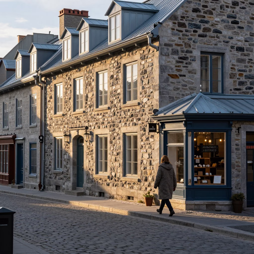 First Light Illuminating Quebec City Stone Facades and Street Scene in in Quebec City, Quebec, Canada