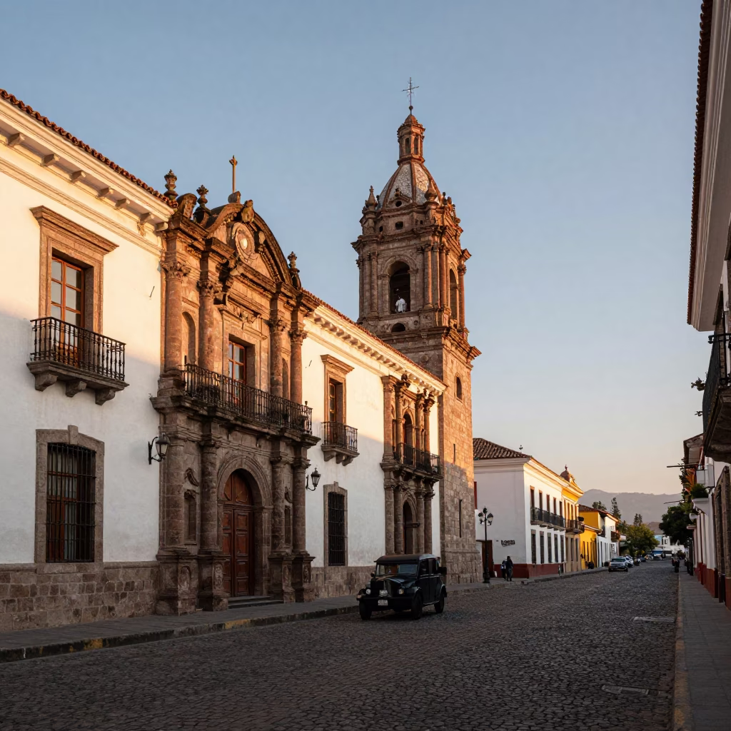 First Light Illuminating Quito Ecuador Colonial Architecture and Urban Street Scene in in Quito, Ecuador