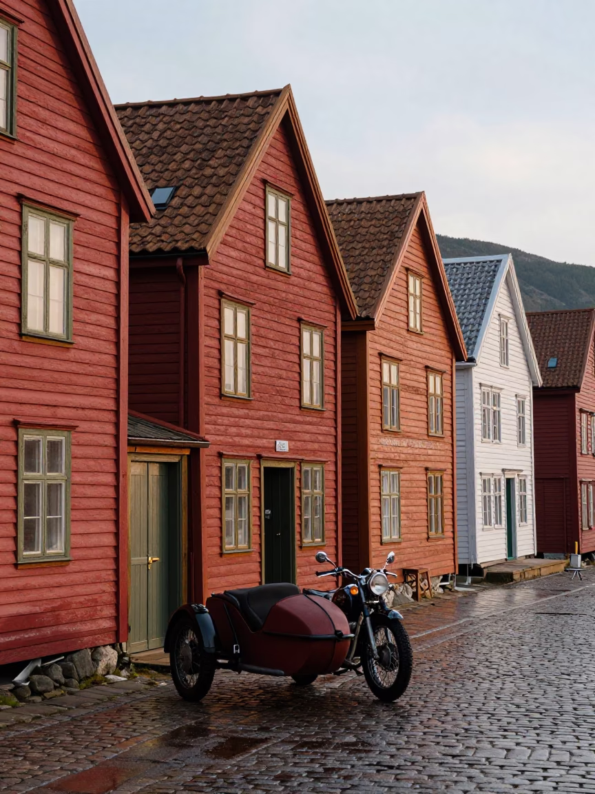 First Light Illuminating Rusty Harbor Details and Vintage Motorcycle in Bergen Norway in in Bergen, Norway